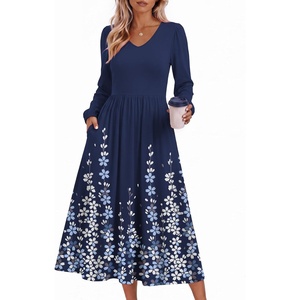 Zeagoo Long Sleeve Midi Dress with Pockets Fall V Neck A-Line Casual Women | a-line Empire waist midi maxi dress with pockets, casual flowy loose fit, elegant modest boho clothes for daily work holiday.(Navy Blue Floral)