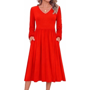 Zeagoo Long Sleeve Midi Dress with Pockets Fall V Neck A-Line Casual Women | a-line Empire waist midi maxi dress with pockets, casual flowy loose fit, elegant modest boho clothes for daily work holiday.(Red)