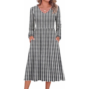 Zeagoo Long Sleeve Midi Dress with Pockets Fall V Neck A-Line Casual Women | a-line Empire waist midi maxi dress with pockets, casual flowy loose fit, elegant modest boho clothes for daily work holiday.(Houndstooth)