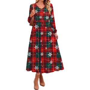 Zeagoo Long Sleeve Midi Dress with Pockets Fall V Neck A-Line Casual Women | a-line Empire waist midi maxi dress with pockets, casual flowy loose fit, elegant modest boho clothes for daily work holiday.(Christmas Print)