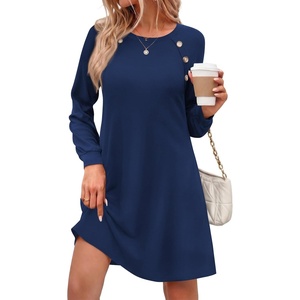 Zeagoo Long Sleeve Tunic Dress Button Crew Neck Casual Fall A-Line Dress | Flowy fall winter tunic dress with pockets, casual flowy loose fit shift mini dresses for women daily wear solid color&print(Navy Blue)