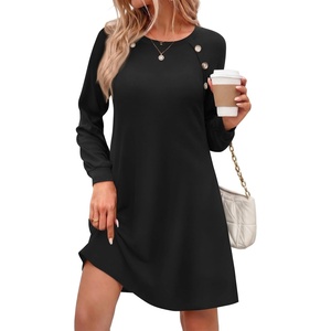 Zeagoo Long Sleeve Tunic Dress Button Crew Neck Casual Fall A-Line Dress | Flowy fall winter tunic dress with pockets, casual flowy loose fit shift mini dresses for women daily wear solid color&print(A01-black)