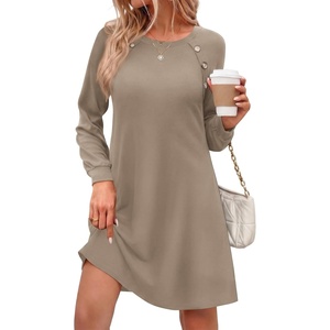 Zeagoo Long Sleeve Tunic Dress Button Crew Neck Casual Fall A-Line Dress | Flowy fall winter tunic dress with pockets, casual flowy loose fit shift mini dresses for women daily wear solid color&print(Khaki)