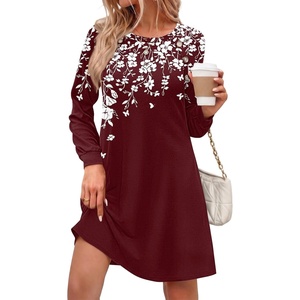 Zeagoo Long Sleeve Tunic Dress Button Crew Neck Casual Fall A-Line Dress | Flowy fall winter tunic dress with pockets, casual flowy loose fit shift mini dresses for women daily wear solid color&print(Red Floral)