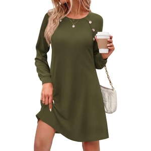 Zeagoo Long Sleeve Tunic Dress Button Crew Neck Casual Fall A-Line Dress | Flowy fall winter tunic dress with pockets, casual flowy loose fit shift mini dresses for women daily wear solid color&print(Army Green)