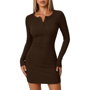 Zeagoo Womens Long Sleeve Sweater Dress 2026 Buttun Up Slim Fit Dress Ribbed Knit Bodycon Dress for Fall Winter(Brown)