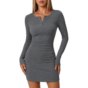 Zeagoo Womens Long Sleeve Sweater Dress 2026 Buttun Up Slim Fit Dress Ribbed Knit Bodycon Dress for Fall Winter(Grey)