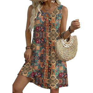 Zeagoo Womens Summer Dress 2026 Sleeveless Casual A-Line Tshirt Sundresses | Dress With Pocket,Floral Print,Crewneck,Aline Flowy Swing Mini Dress,Loose Tank Tshirt Dress,For Beach Vocation(Ethnic Print)