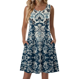 Zeagoo Womens Summer Dress 2026 Sleeveless Casual A-Line Tshirt Sundresses | Dress With Pocket,Floral Print,Crewneck,Aline Flowy Swing Mini Dress,Loose Tank Tshirt Dress,For Beach Vocation(Blue Boho Print)