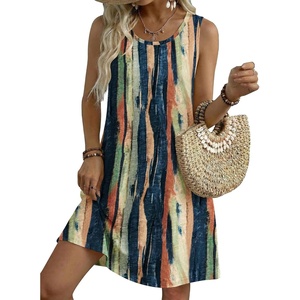 Zeagoo Womens Summer Dress 2026 Sleeveless Casual A-Line Tshirt Sundresses | Dress With Pocket,Floral Print,Crewneck,Aline Flowy Swing Mini Dress,Loose Tank Tshirt Dress,For Beach Vocation(Stripe Print)