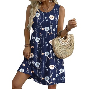 Zeagoo Womens Summer Dress 2026 Sleeveless Casual A-Line Tshirt Sundresses | Dress With Pocket,Floral Print,Crewneck,Aline Flowy Swing Mini Dress,Loose Tank Tshirt Dress,For Beach Vocation(Navy Print(bf318))