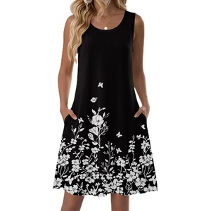 Zeagoo Womens Summer Dress 2026 Sleeveless Casual A-Line Tshirt Sundresses | Dress With Pocket,Floral Print,Crewneck,Aline Flowy Swing Mini Dress,Loose Tank Tshirt Dress,For Beach Vocation(01-black Floral)