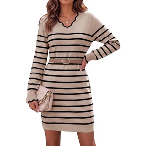 Zeagoo Women’s Sweater Dress Long Sleeve V Neck Short Mini Knitted Dress | Fall Winter Fitted Thick Casual Knit Dress Long Sweater(Black Stripes)