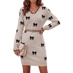 Zeagoo Women’s Sweater Dress Long Sleeve V Neck Short Mini Knitted Dress | Fall Winter Fitted Thick Casual Knit Dress Long Sweater(Bow Apricot)