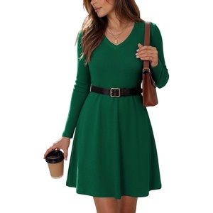 Zeagoo Women’s Sweater Dress Ribbed Knit V Neck Short Casual Dress | Long Sleeve Fit and Flare A Line Swing Soft Stretch Empire Waist Knitted Mini Dresses for Fall Winter Spring(Green)