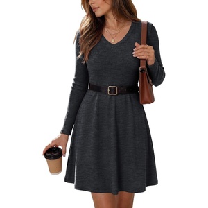 Zeagoo Women’s Sweater Dress Ribbed Knit V Neck Short Casual Dress | Long Sleeve Fit and Flare A Line Swing Soft Stretch Empire Waist Knitted Mini Dresses for Fall Winter Spring(Dark Grey)