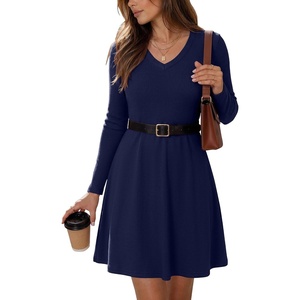 Zeagoo Women’s Sweater Dress Ribbed Knit V Neck Short Casual Dress | Long Sleeve Fit and Flare A Line Swing Soft Stretch Empire Waist Knitted Mini Dresses for Fall Winter Spring(Navy Blue)