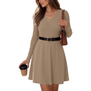 Zeagoo Women’s Sweater Dress Ribbed Knit V Neck Short Casual Dress | Long Sleeve Fit and Flare A Line Swing Soft Stretch Empire Waist Knitted Mini Dresses for Fall Winter Spring(Khaki)