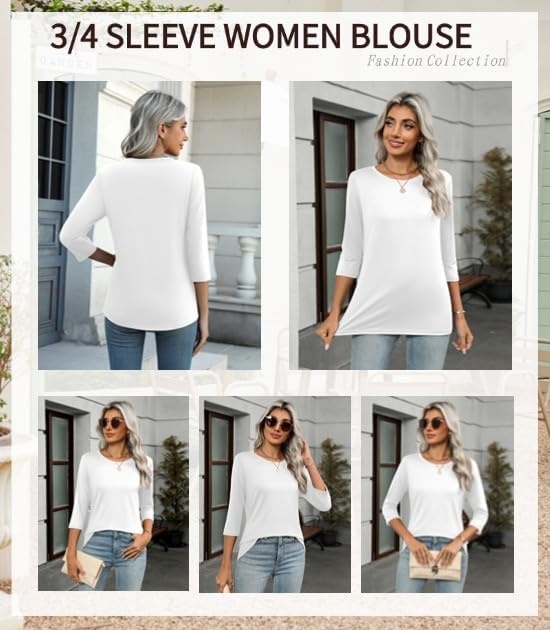 image:imageZeagoo Womens Casual 34 Sleeve TShirts Round Neck Tunic Tops Work Blouse Basic tees 34 length sleeve shirts Business casual outfits Boho tops 2026 fall fashion clothes Ladies blousesWhite