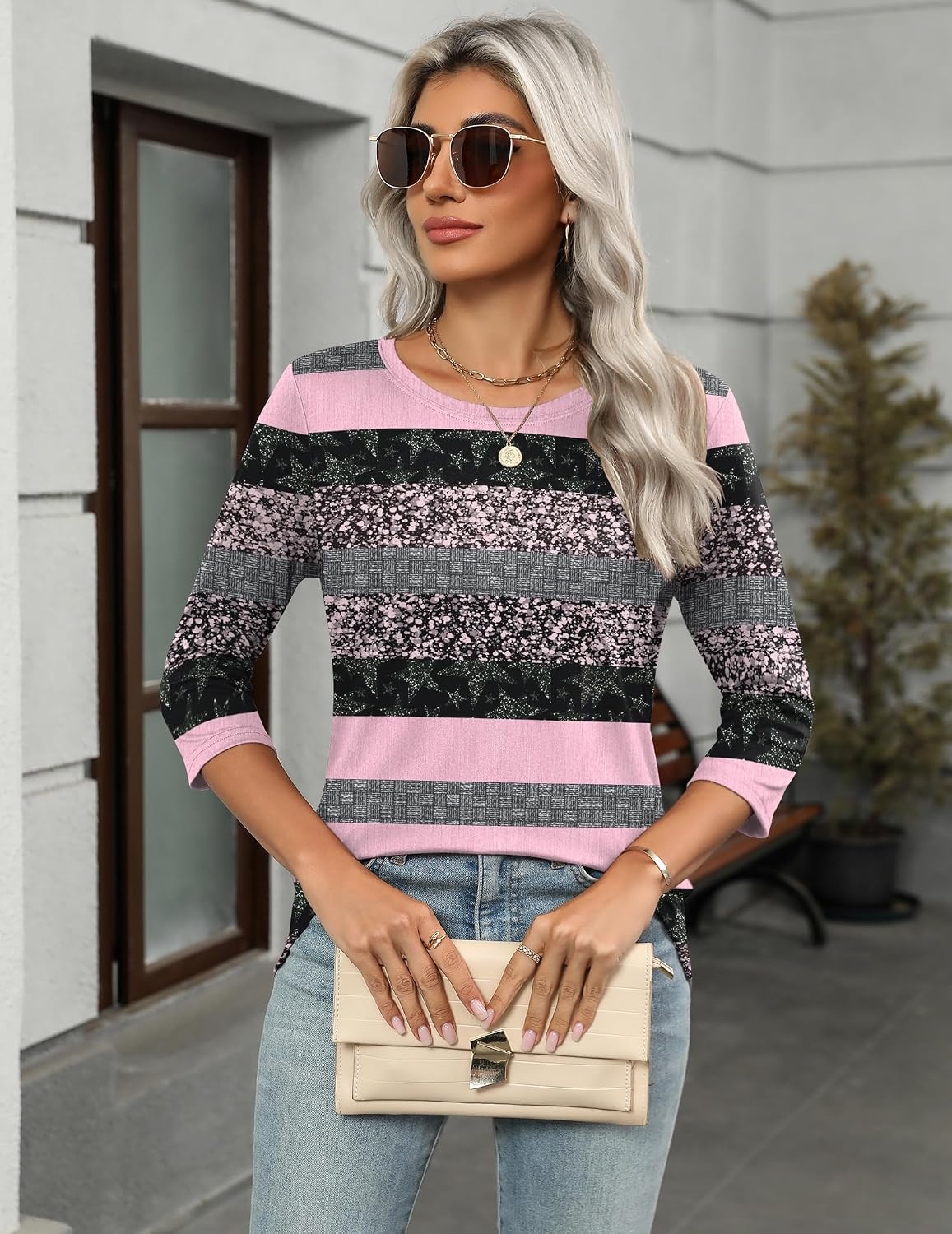 image:imageZeagoo Womens Casual 34 Sleeve TShirts Round Neck Tunic Tops Work Blouse Basic tees 34 length sleeve shirts Business casual outfits Boho tops 2026 fall fashion clothes Ladies blousesPink Stripetz245
