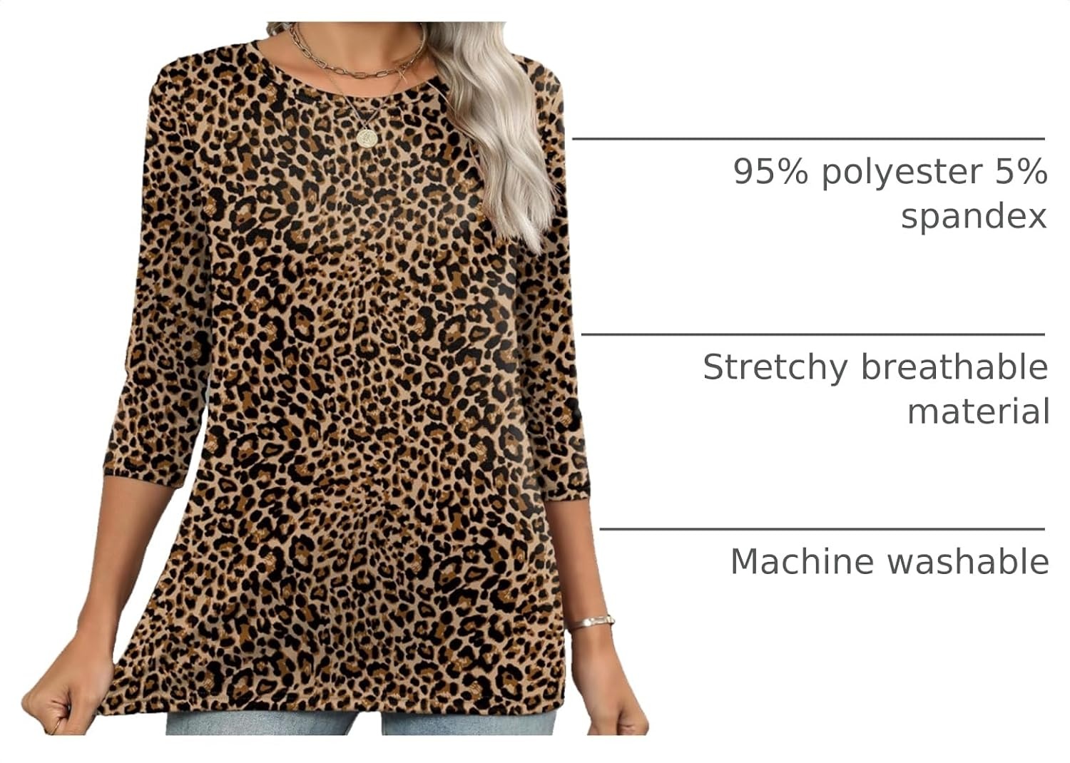 image:imageZeagoo Womens Casual 34 Sleeve TShirts Round Neck Tunic Tops Work Blouse Basic tees 34 length sleeve shirts Business casual outfits Boho tops 2026 fall fashion clothes Ladies blousesLeopard Printan136