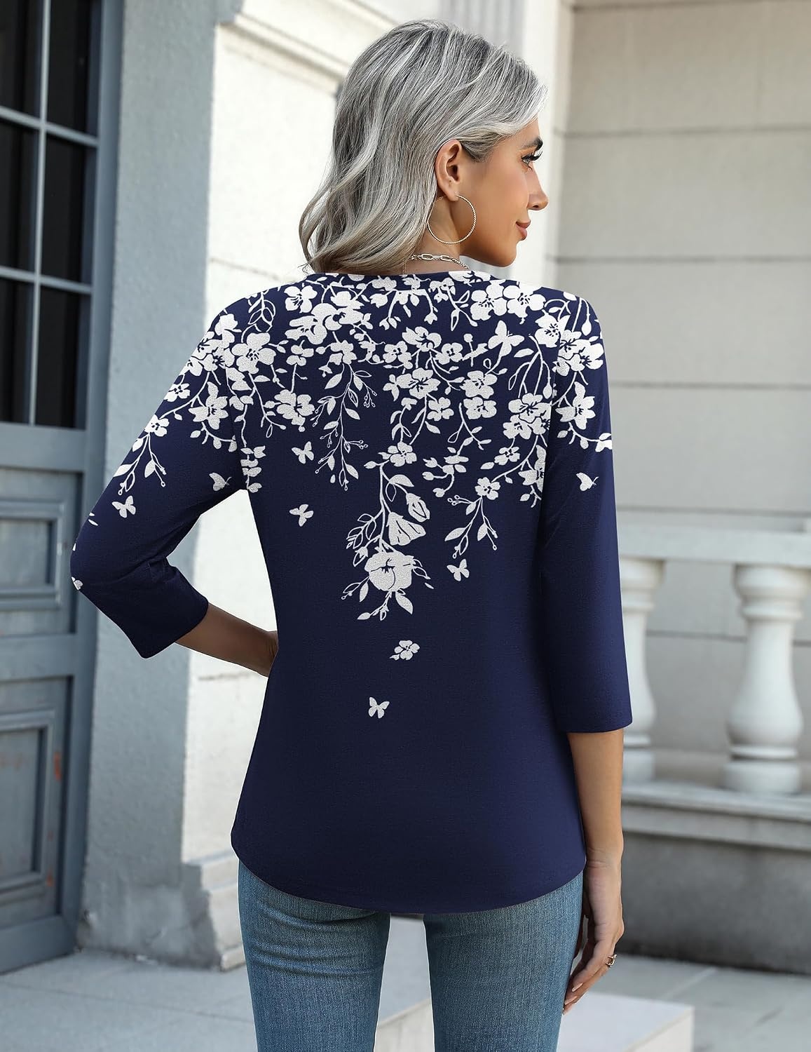 image:imageZeagoo Womens Casual 34 Sleeve TShirts Round Neck Tunic Tops Work Blouse Basic tees 34 length sleeve shirts Business casual outfits Boho tops 2026 fall fashion clothes Ladies blousesBlue Flowersf103