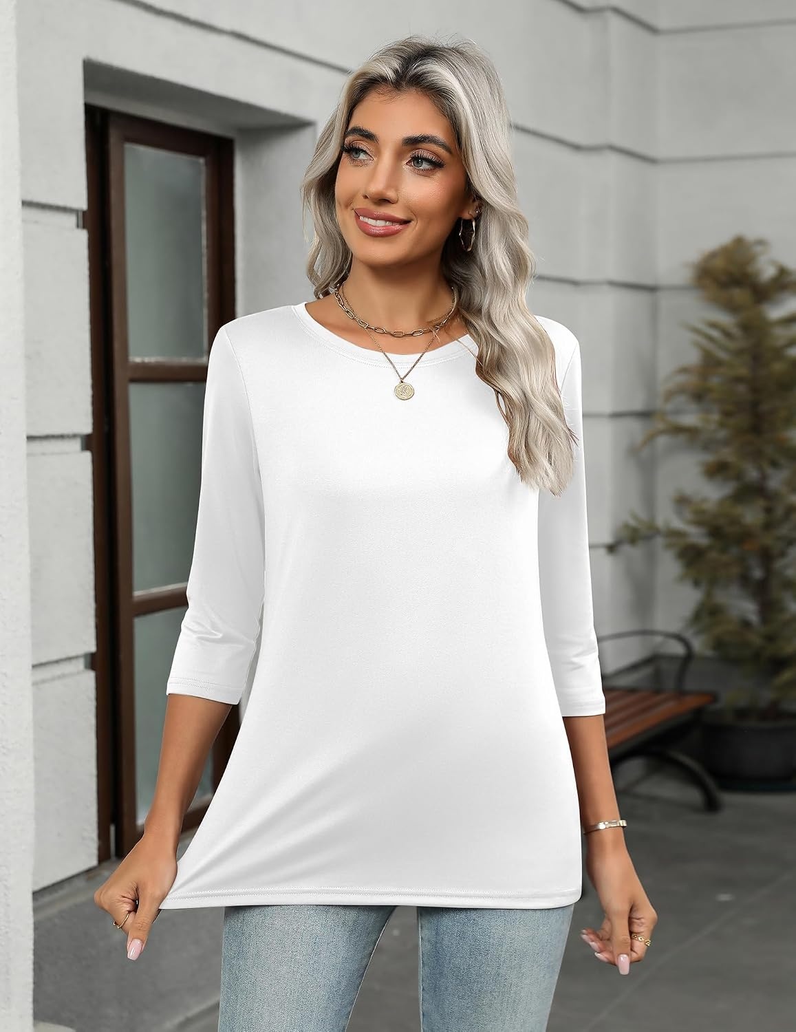 image:imageZeagoo Womens Casual 34 Sleeve TShirts Round Neck Tunic Tops Work Blouse Basic tees 34 length sleeve shirts Business casual outfits Boho tops 2026 fall fashion clothes Ladies blousesWhite