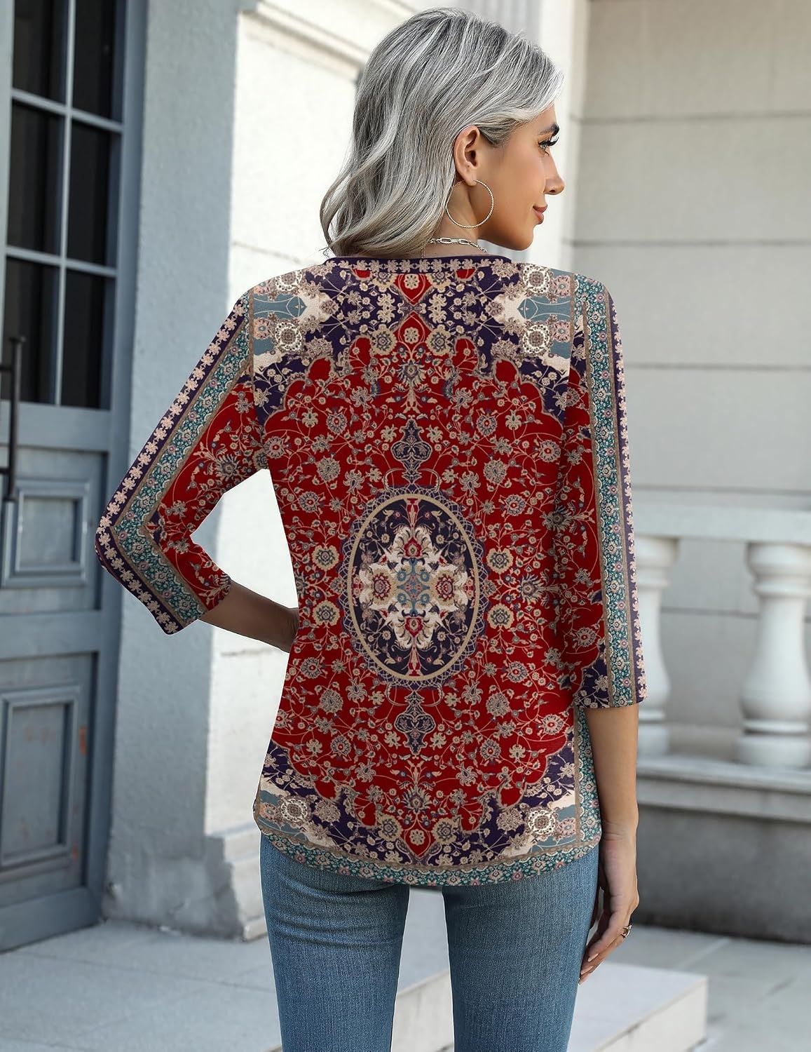 image:imageZeagoo Womens Casual 34 Sleeve TShirts Round Neck Tunic Tops Work Blouse Basic tees 34 length sleeve shirts Business casual outfits Boho tops 2026 fall fashion clothes Ladies blousesRed Bohemiamz870