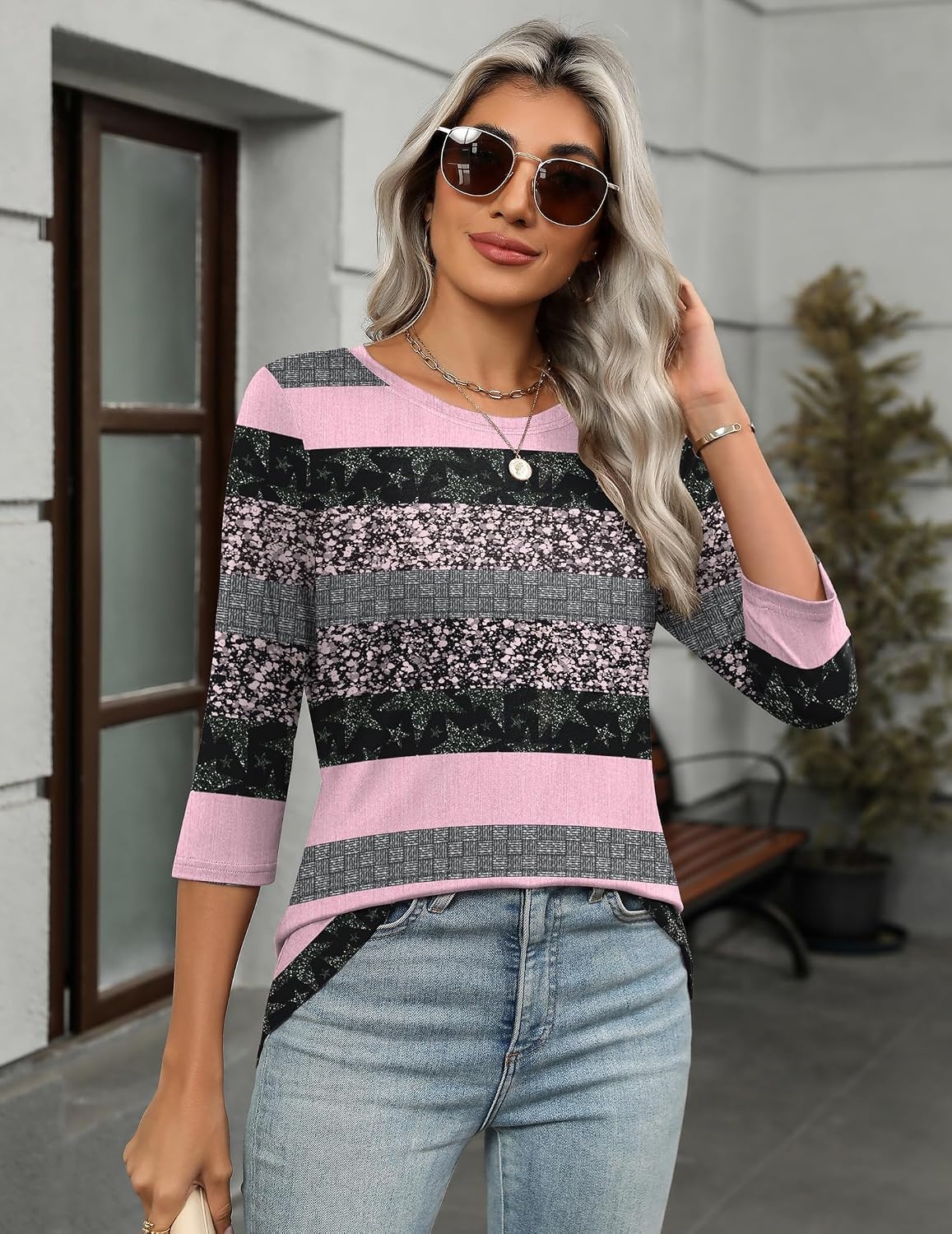 image:imageZeagoo Womens Casual 34 Sleeve TShirts Round Neck Tunic Tops Work Blouse Basic tees 34 length sleeve shirts Business casual outfits Boho tops 2026 fall fashion clothes Ladies blousesPink Stripetz245
