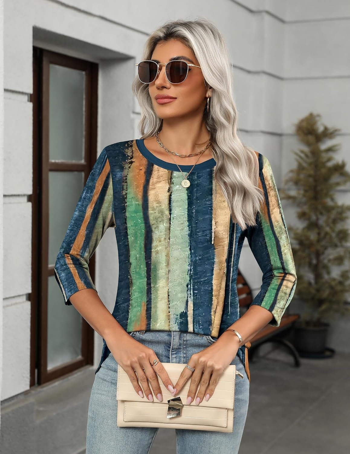 image:imageZeagoo Womens Casual 34 Sleeve TShirts Round Neck Tunic Tops Work Blouse Basic tees 34 length sleeve shirts Business casual outfits Boho tops 2026 fall fashion clothes Ladies blousesMulticolorcx289
