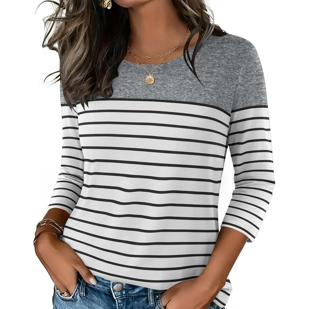 image:imageZeagoo Womens Casual 34 Sleeve TShirts Round Neck Tunic Tops Work Blouse Basic tees 34 length sleeve shirts Business casual outfits Boho tops 2026 fall fashion clothes Ladies blousesGrey Stripe