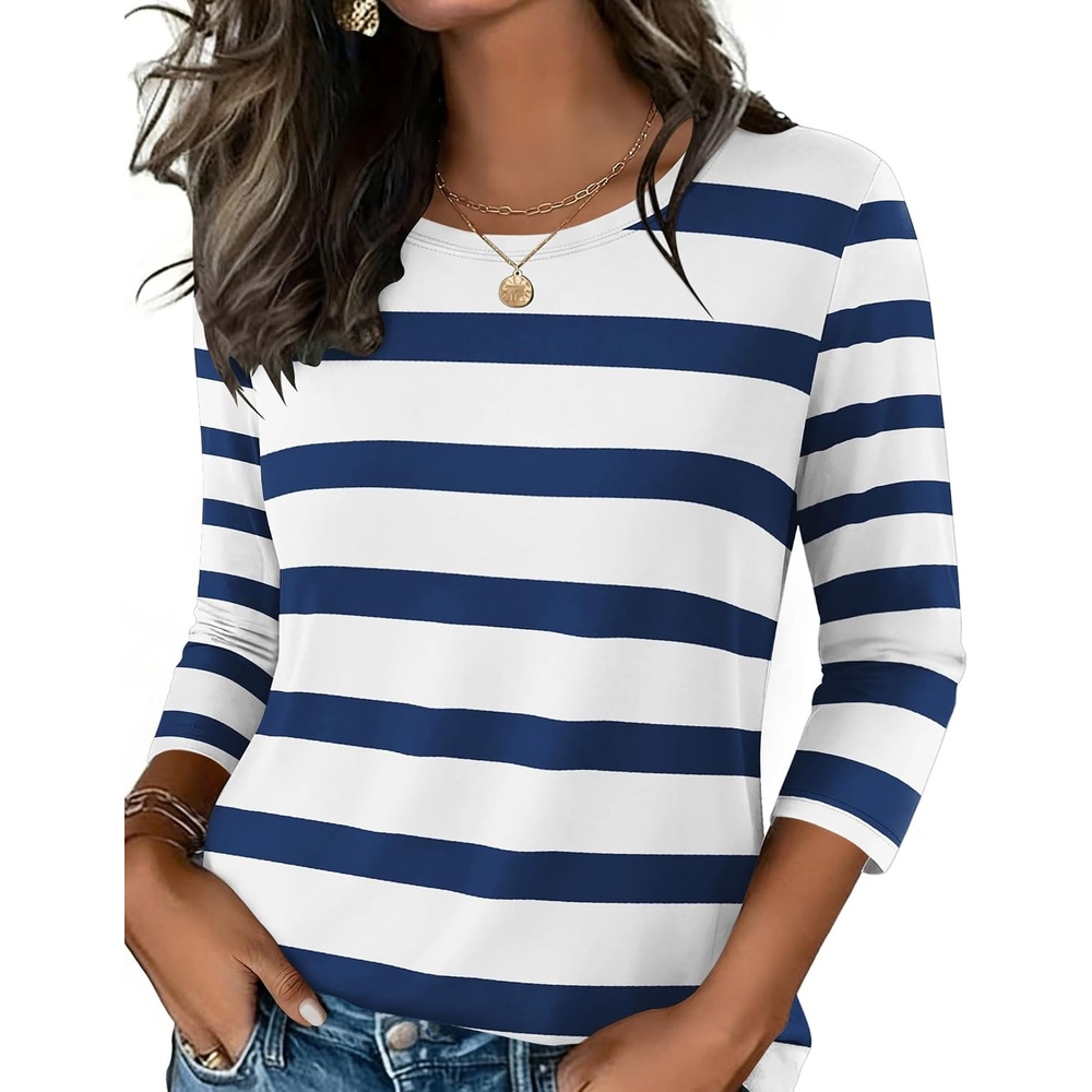 image:imageZeagoo Womens Casual 34 Sleeve TShirts Round Neck Tunic Tops Work Blouse Basic tees 34 length sleeve shirts Business casual outfits Boho tops 2026 fall fashion clothes Ladies blousesNavy Stripestz290