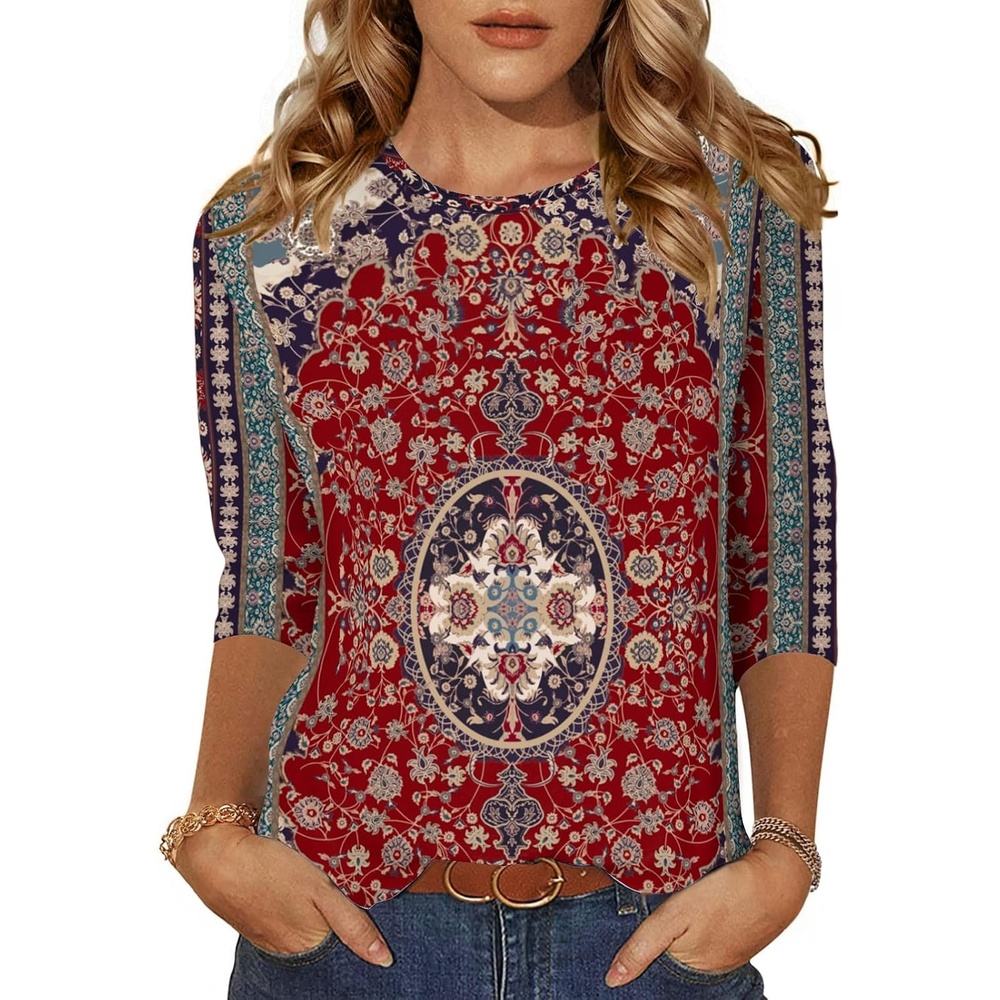 image:imageZeagoo Womens Casual 34 Sleeve TShirts Round Neck Tunic Tops Work Blouse Basic tees 34 length sleeve shirts Business casual outfits Boho tops 2026 fall fashion clothes Ladies blousesRed Bohemiamz870