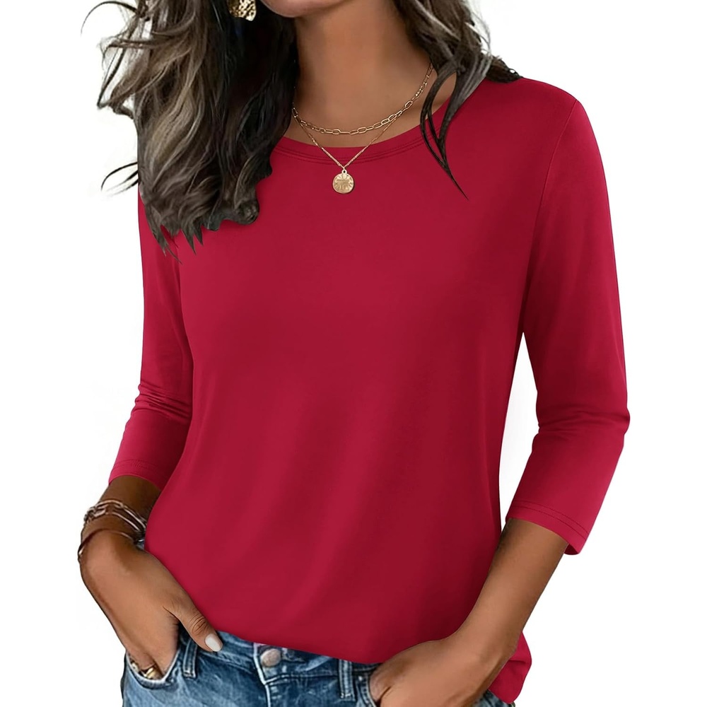 image:imageZeagoo Womens Casual 34 Sleeve TShirts Round Neck Tunic Tops Work Blouse Basic tees 34 length sleeve shirts Business casual outfits Boho tops 2026 fall fashion clothes Ladies blousesRed