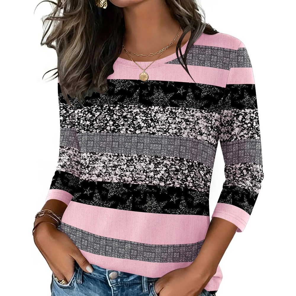image:imageZeagoo Womens Casual 34 Sleeve TShirts Round Neck Tunic Tops Work Blouse Basic tees 34 length sleeve shirts Business casual outfits Boho tops 2026 fall fashion clothes Ladies blousesPink Stripetz245