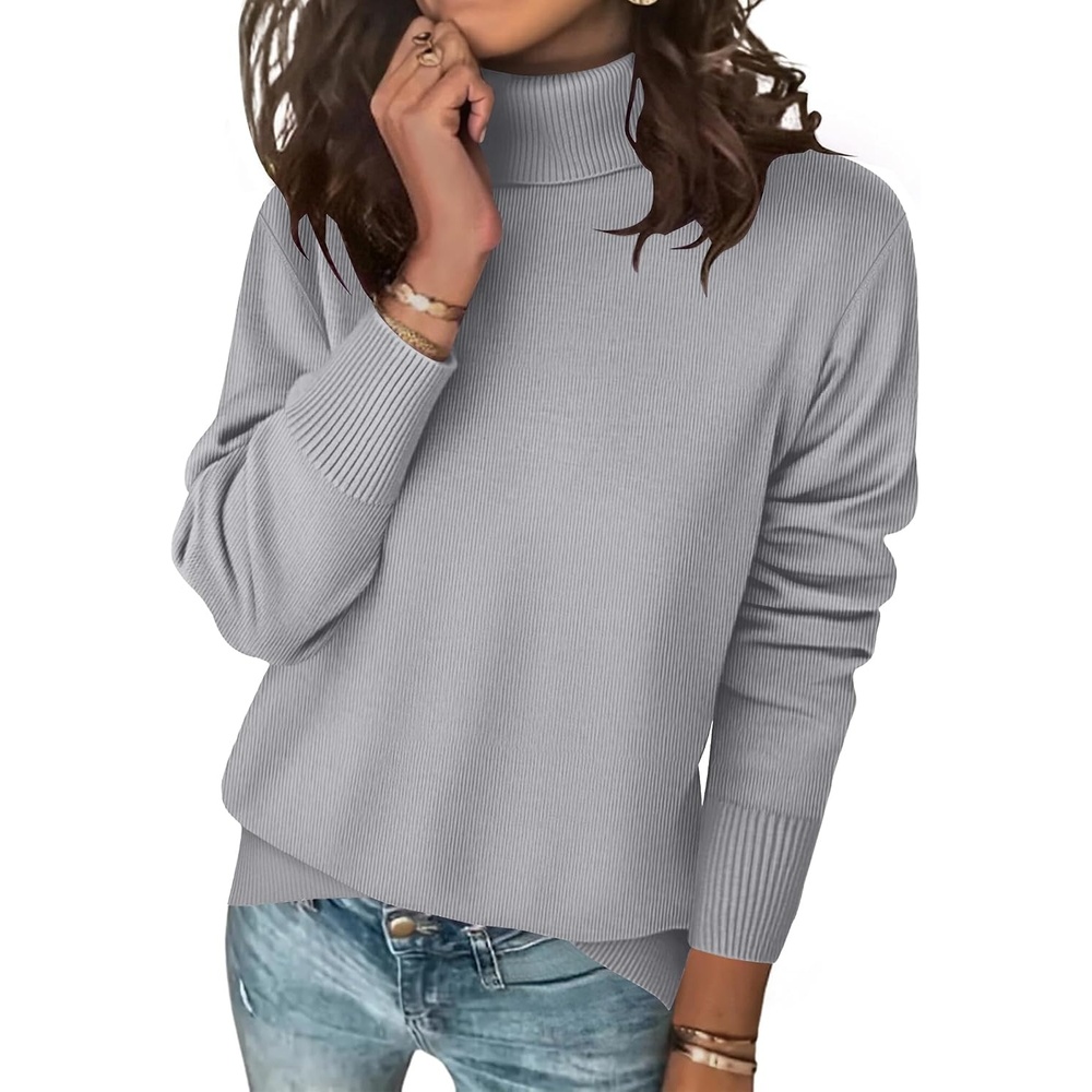 image:imageZeagoo Womens Turtleneck Sweater Long Sleeve Casual Knit Pullover Top 2026 Side Spilt Hem Soft Chunky Jumper Top Ribbed Cuff Hem Fall Fashion Outfits Basic Winter Clothing for Dressy Office WorkLight Grey