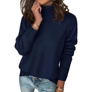 Zeagoo Women’s Turtleneck Sweater Long Sleeve Casual Knit Pullover Top 2026 | Side Spilt Hem, Soft Chunky Jumper Top, Ribbed Cuff Hem, Fall Fashion Outfits, Basic Winter Clothing for Dressy Office Work(Navy Blue)