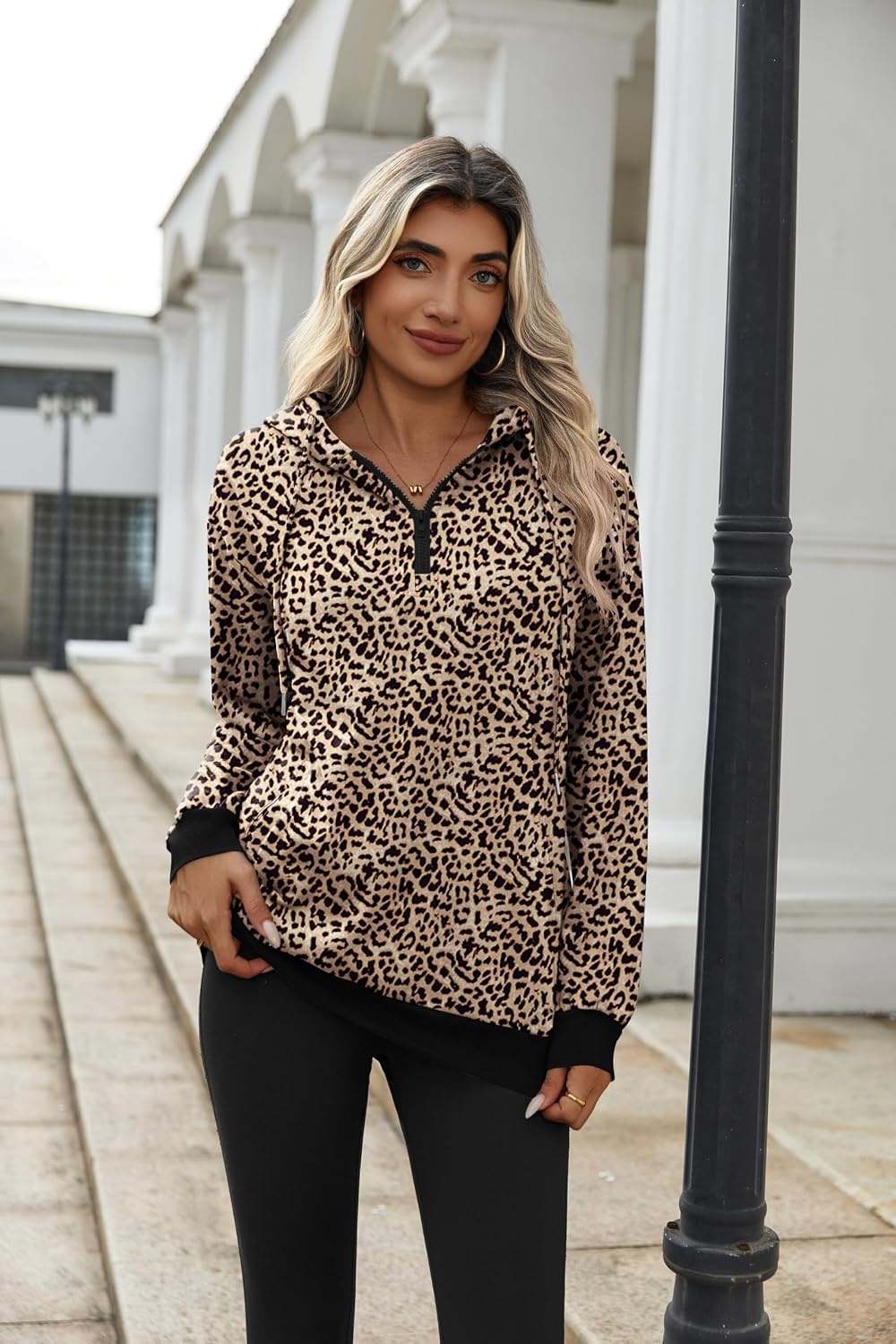 image:imageZeagoo Hoodies for Women Half Zip Up Oversized Sweatshirt Fall Clothes 2026Leopard
