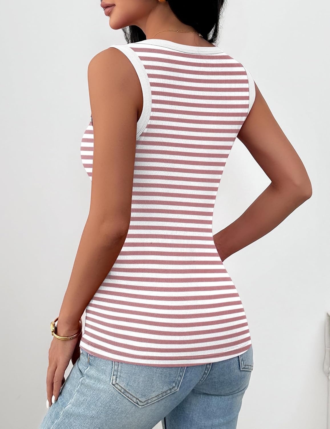 image:imageZeagoo Womens Square Neck Ribbed Tank Tops 2026 Summer Sleeveless ShirtsB Rose Pink Stripe
