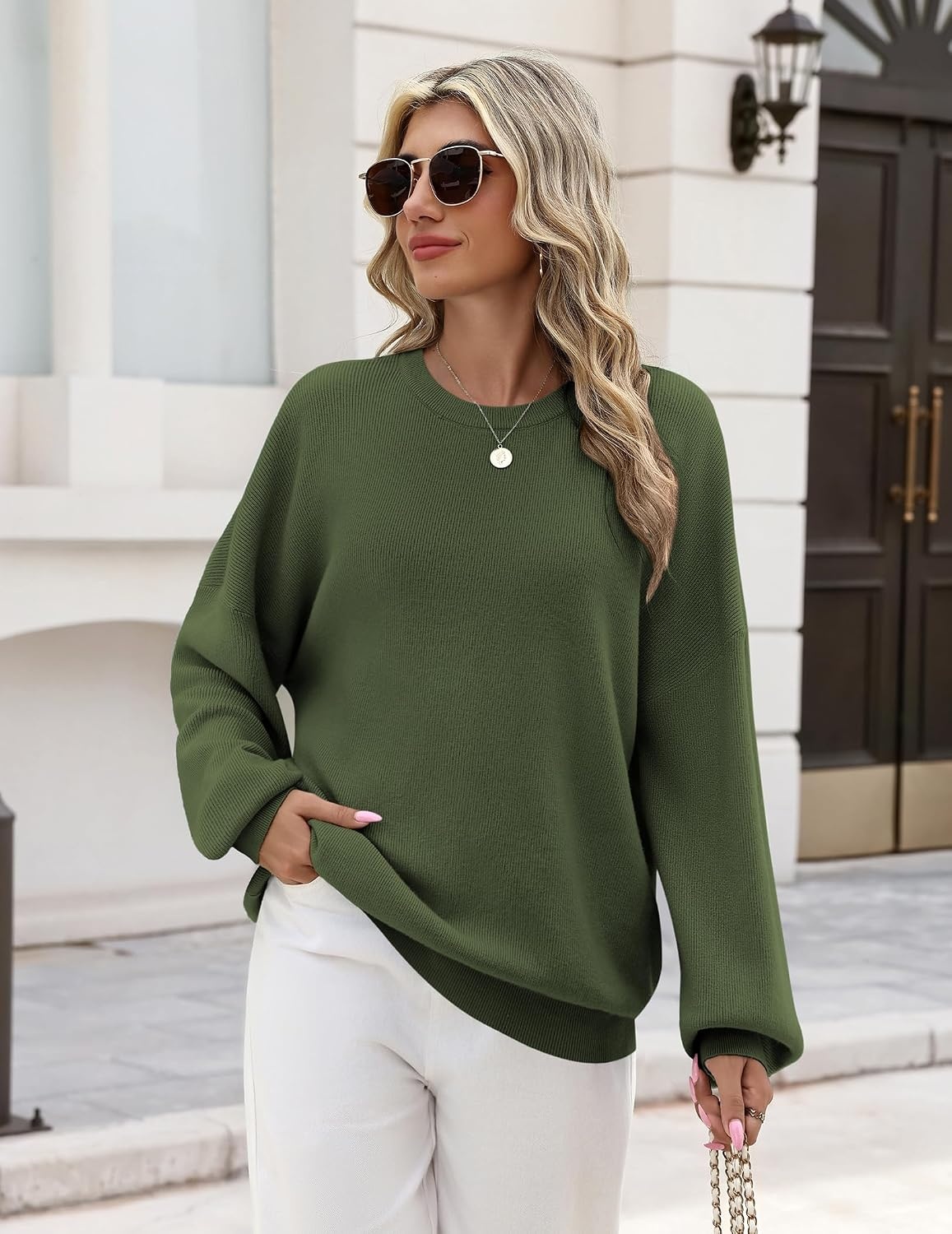 image:imageZeagoo Oversized Sweater for Women 2026 Crewneck Long Sleeve Fall ClothesArmy Green