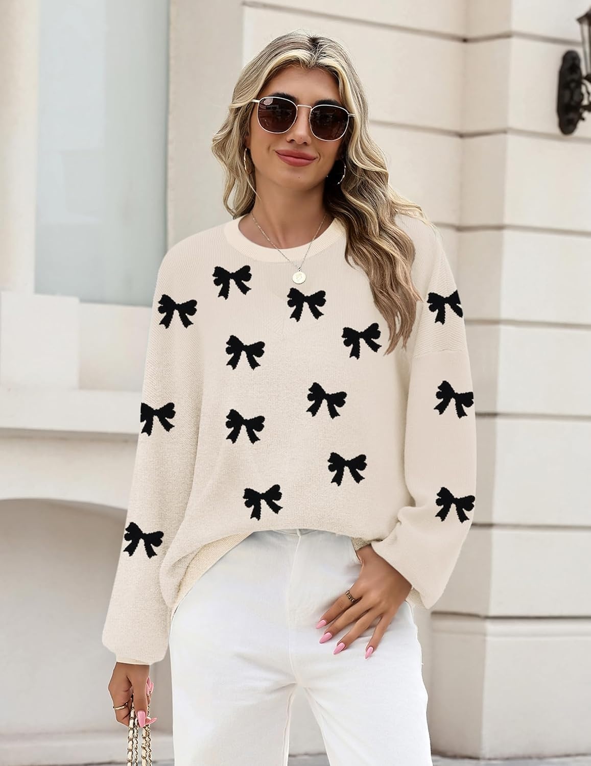 image:imageZeagoo Oversized Sweater for Women 2026 Crewneck Long Sleeve Fall ClothesBlack Bow