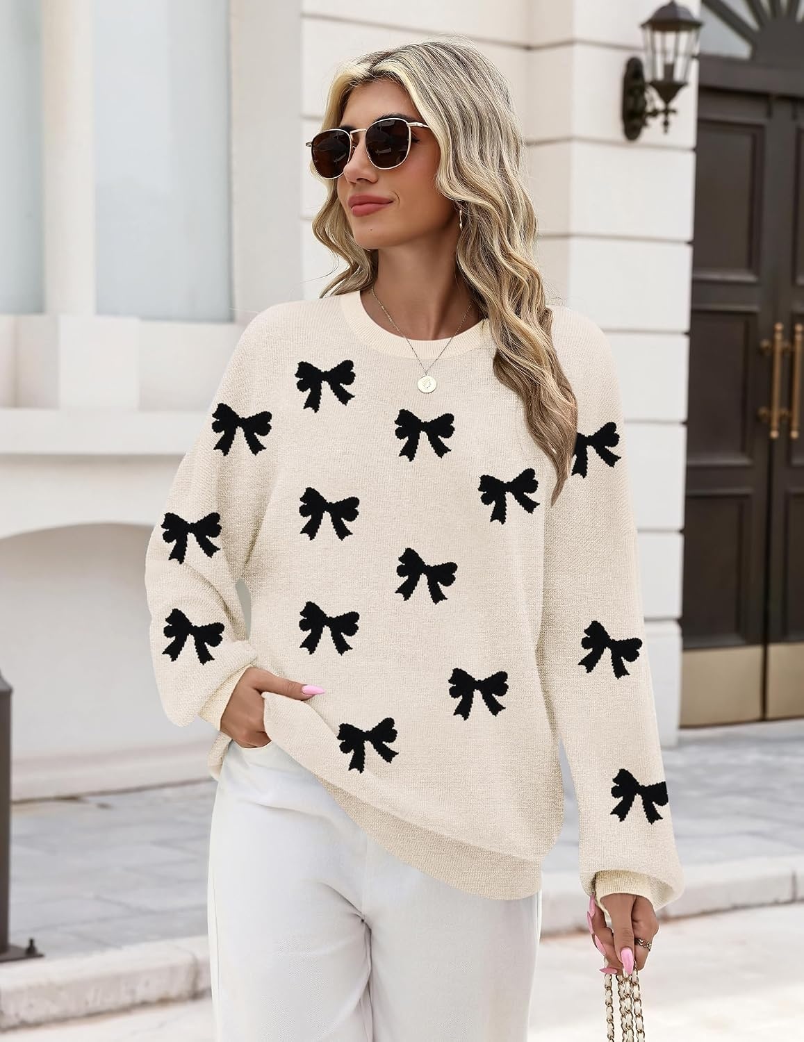 image:imageZeagoo Oversized Sweater for Women 2026 Crewneck Long Sleeve Fall ClothesBlack Bow