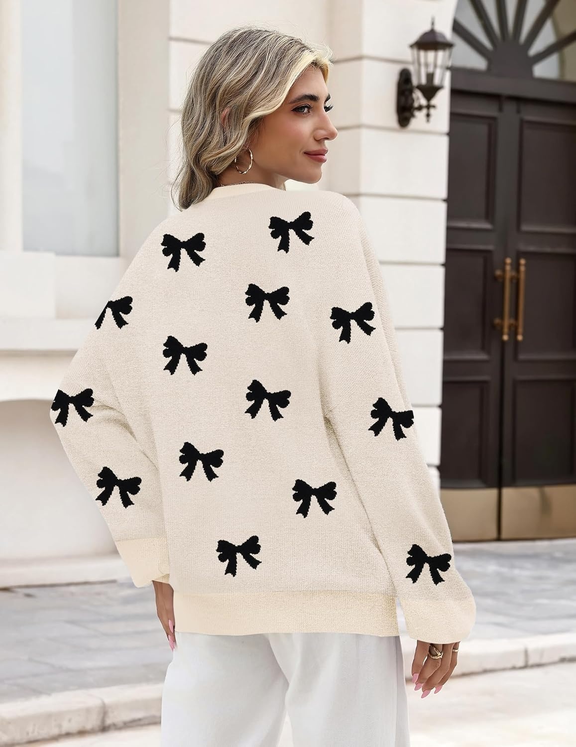 image:imageZeagoo Oversized Sweater for Women 2026 Crewneck Long Sleeve Fall ClothesBlack Bow