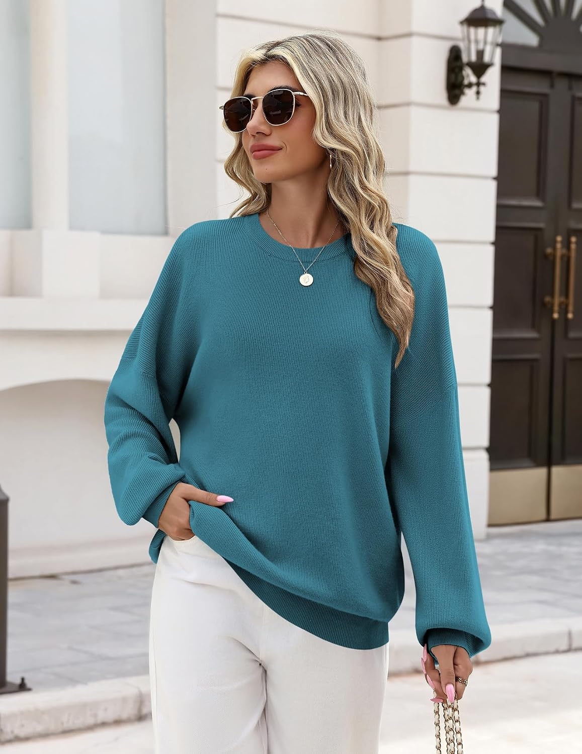 image:imageZeagoo Oversized Sweater for Women 2026 Crewneck Long Sleeve Fall ClothesLake Blue