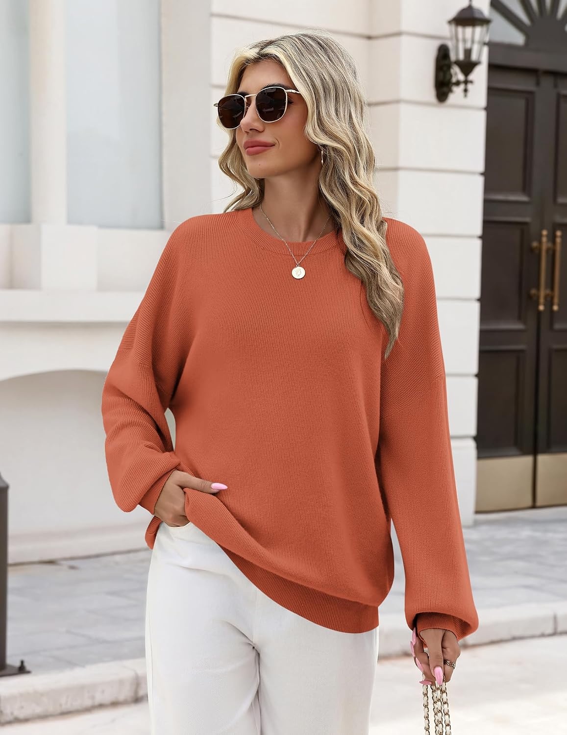 image:imageZeagoo Oversized Sweater for Women 2026 Crewneck Long Sleeve Fall ClothesOrange