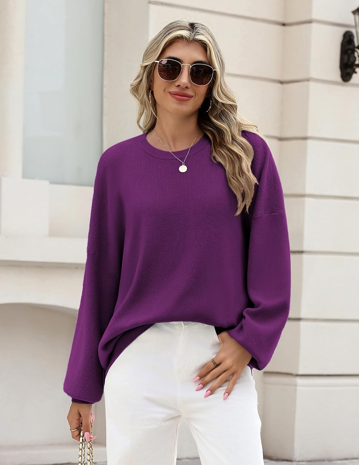 image:imageZeagoo Oversized Sweater for Women 2026 Crewneck Long Sleeve Fall ClothesPurple