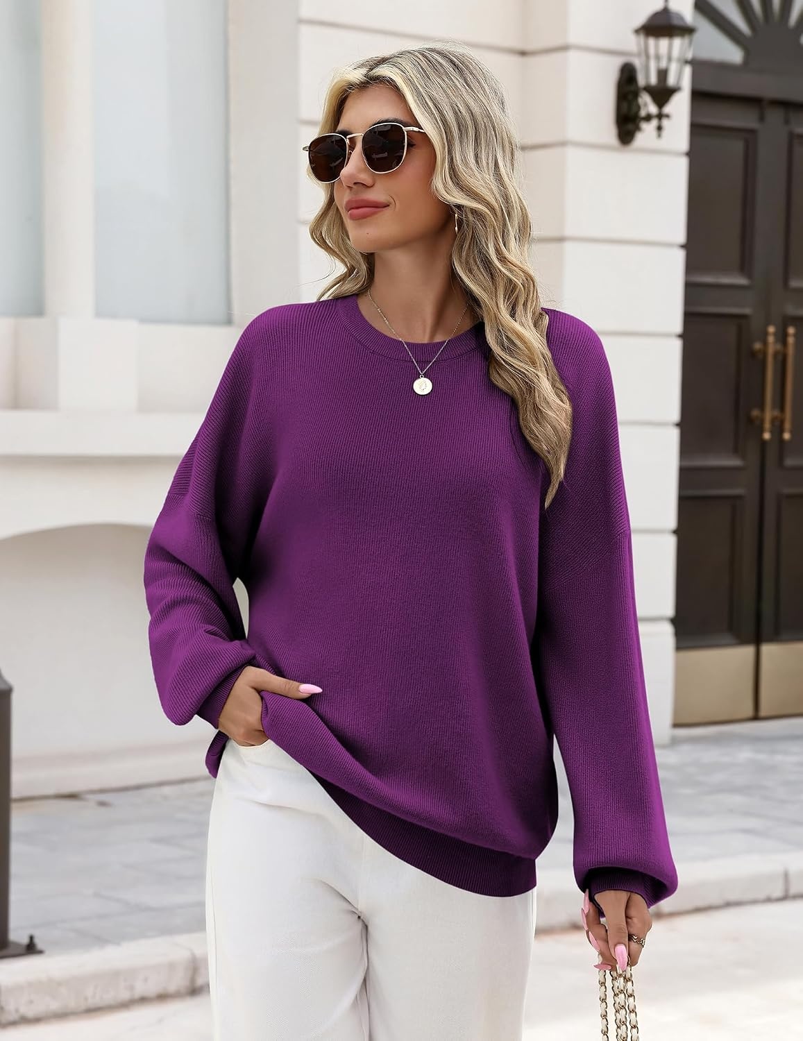 image:imageZeagoo Oversized Sweater for Women 2026 Crewneck Long Sleeve Fall ClothesPurple