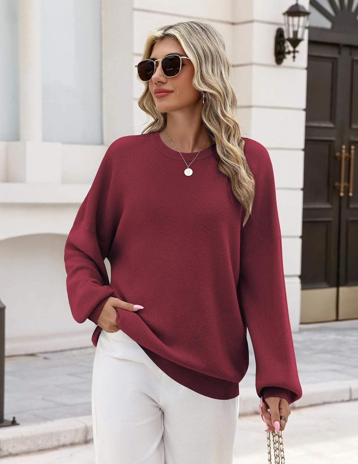 image:imageZeagoo Oversized Sweater for Women 2026 Crewneck Long Sleeve Fall ClothesWine Red