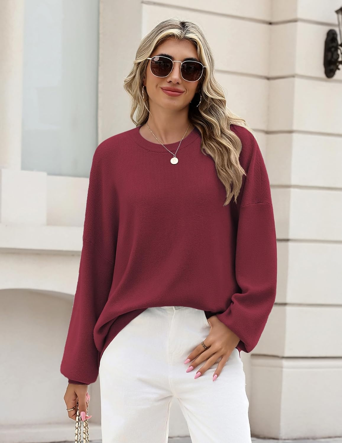 image:imageZeagoo Oversized Sweater for Women 2026 Crewneck Long Sleeve Fall ClothesWine Red
