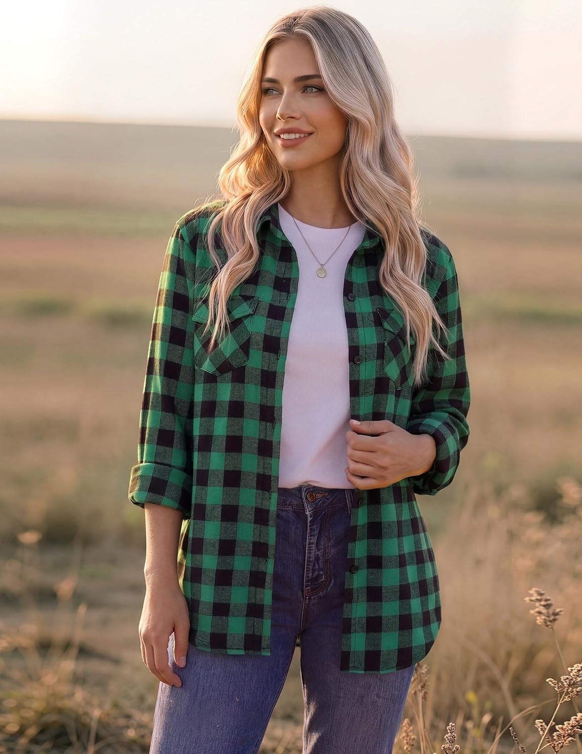 image:imageZeagoo Womens Plaid Flannel Shirt Long Sleeve Top Casual Button Down Blouse1green